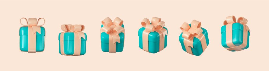 3d gift boxes realistic cartoon design elements. Isolated blue surprise giftboxes on the light background