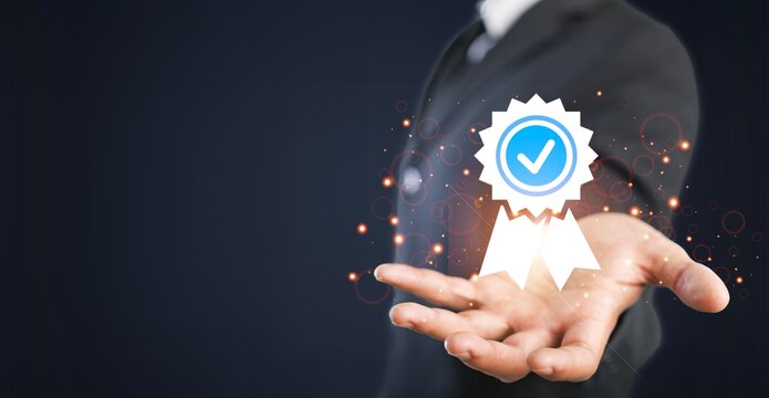 Certification and standardization process, certified business, conformity to international standards and quality assurance concept. Person touching certificate icon.