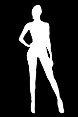 Fototapeta na wymiar Silhouette of a female body posing in white color against a black background illustration.