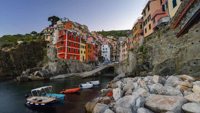 Panoramic Sunrise Time Lapse of beautiful town of Riomaggiore in Cinque Terre, Riomaggiore, Liguria, Italy
