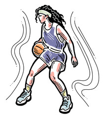 Basketball player playing with ball. Healthy funny sport activity. Trendy jumping fitness exercises for young people. Fashion sportswear. Hand drawn illustration. Cartoon line style character drawing.