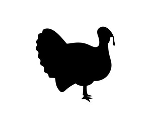 Turkey black silhouette. Turkey symbol. Gobbler bird silhouette. Farm bird icon isolated on white background.