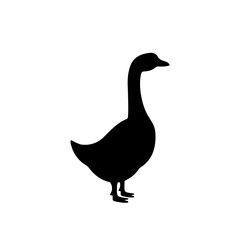 Goose black silhouette. Goose symbol. Farm bird icon isolated on white background.