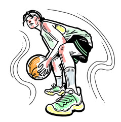Basketball player playing with ball. Healthy funny sport activity. Trendy jumping fitness exercises for young people. Fashion sportswear. Hand drawn illustration. Cartoon line style character drawing.