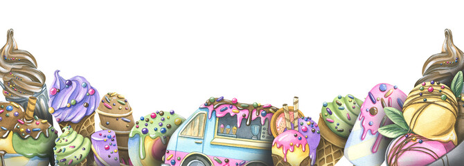 Horizontal popsicle frame, ice cream balls in waffle cones, food truck. Watercolor illustration from a large set of ICE CREAM. For the design and decoration of advertising, menus, banners, packaging.