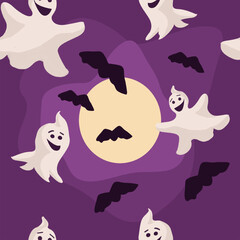 Halloween seamless pattern with full moon, ghosts, bats