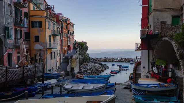 Panoramic Sunrise Time Lapse of beautiful town of Riomaggiore in Cinque Terre, Riomaggiore, Liguria, Italy