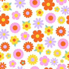 Fototapeta na wymiar Seamless vector pattern with abstract groovy flowers. 70s, 80s psychedelic floral background. Vintage nostalgia hippie texture for design and print