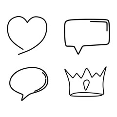 Doodle collection of hand drawn hearts, speech bubbles and royal crown. Isolated vector design elements.Drawn cartoon speech bubbles on white background