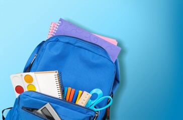 Kids Backpack with school stationery. Primary School or kindergarten.