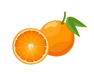 Orange and slice with leaf, flat style vector illustration isolated on white background