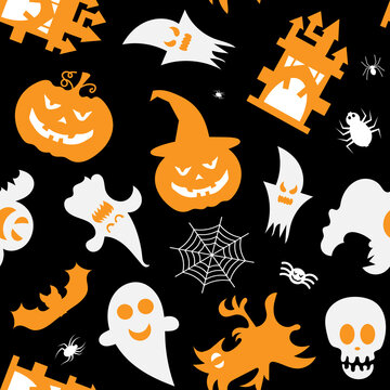 Halloween vector set. Pumpkin, bat, spider, skull, ghost. Simple seamless pattern