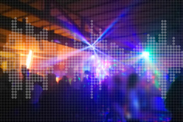 blurry scene from a music club with lighting effects with overlay dotted audio equalizer Halftone...