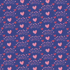 Creative universal art background in doodle style. Colorful pattern of flowers and hearts. Vector illustration. Trendy graphic design for banner, poster, card, cover, invitation, placard, brochure.