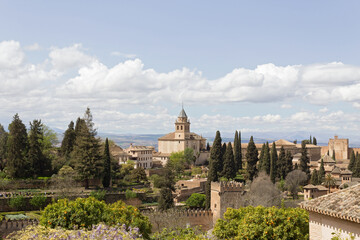 Exterior view of Alcazaba and church as seen from Generalife (The Alhambra Palace), Granada, Spain.