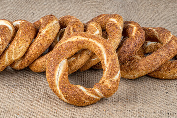 Turkish Bagel Simit with sesame, traditional pastry of Turkey.Traditional street food for Turkey , Turkish names ' simit or gevrek'.