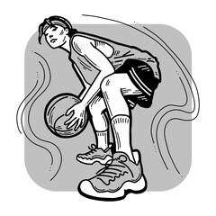 Basketball player playing with ball. Healthy funny sport activity. Trendy jumping fitness exercises for young people. Fashion sportswear. Hand drawn illustration. Cartoon line style character drawing.