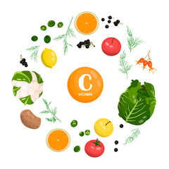 Collection of sources of vitamin C. Healthy diet containing vitamin. Greens,vegetables,fruits,berries,citrus.Dietetic organic products, natural nutrition.Healthy supplement.Nutrition for immune system