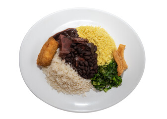Delicious feijoada plate. Brazilian typical cuisine made with black beans and pork on white isolated background