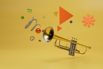 musical instrument for playing in modern jazz bands. pipe around which decorative details on a yellow background. 3d render. 3d illustration
