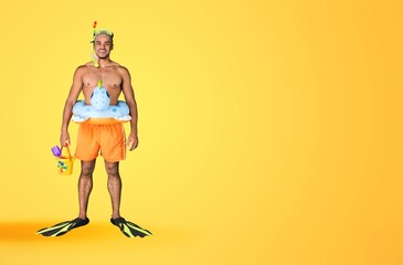 Tourist man ready to travel on weekends. Summer vacation sea rest sun tan concept