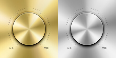 Vector Realistic Yellow Golden and Grey Silver Steel Chrome Metallic Knob. Circle Button Closeup. Design Template of Metal. Power Volume Playback Control