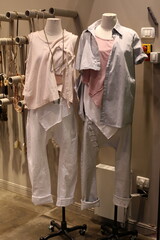 A mannequin stands on a showcase in a large store.