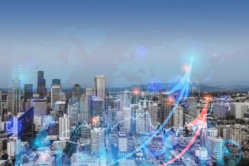 City view, downtown skyscrapers, skyline panorama. Forex graph hologram. The concept of internet...