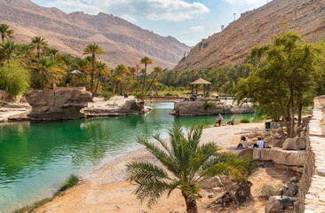 View of the Wadi Bani Khalid oasis in the desert in Sultanate of Oman.