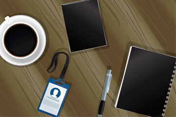 notebooks and id badge