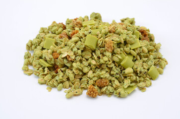 original granola green muesli with matcha flavored chocolate, mulberries and seeds