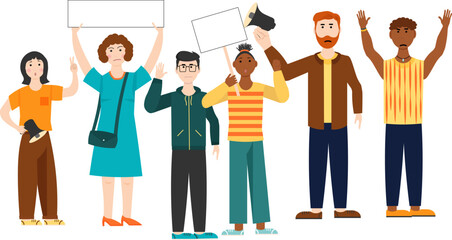 Men and women stand at the rally. Demonstration of people. Vector illustration. For use in brochures, advertising posters, prints and visual flyers.