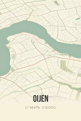 Retro Dutch city map of Oijen located in Noord-Brabant. Vintage street map.