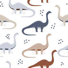 Funny kids print with colorful dinosaur Diplodocus. Seamless pattern with cute wild vector animal for baby party 