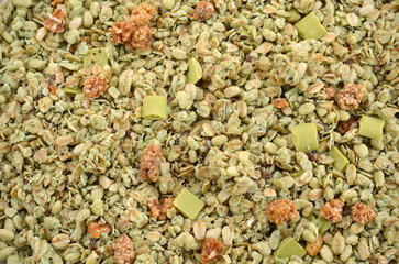 food background original granola green muesli with matcha flavored