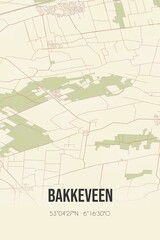 Retro Dutch city map of Bakkeveen located in Fryslan. Vintage street map.