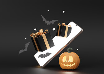 Smartphone with flying gift boxes and Halloween decoration on black background. Shopping with smartphone, buying presents online. Halloween shopping in internet, sale. 3D rendering.