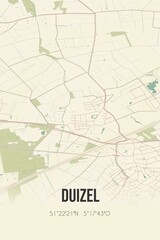 Retro Dutch city map of Duizel located in Noord-Brabant. Vintage street map.