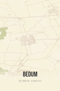 Retro Dutch city map of Bedum located in Groningen. Vintage street map.