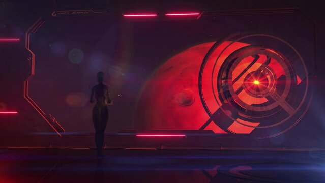 Android in a spaceship orbiting Mars, 3D render