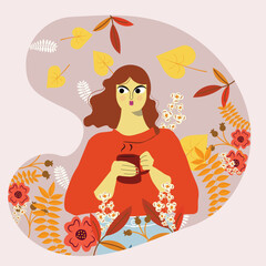 Flat character and autumn leaves. Vector illustration with botanical background. Fall themed. Single character illustration.