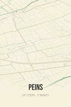 Retro Dutch city map of Peins located in Fryslan. Vintage street map.