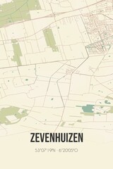 Retro Dutch city map of Zevenhuizen located in Groningen. Vintage street map.