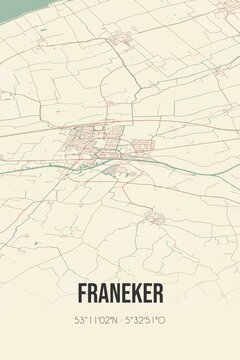 Retro Dutch city map of Franeker located in Fryslan. Vintage street map.