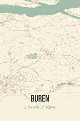 Retro Dutch city map of Buren located in Gelderland. Vintage street map.
