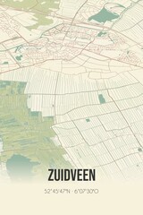 Retro Dutch city map of Zuidveen located in Overijssel. Vintage street map.