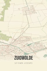 Fototapeta na wymiar Retro Dutch city map of Zuidwolde located in Groningen. Vintage street map.