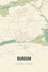 Retro Dutch city map of Burgum located in Fryslan. Vintage street map.