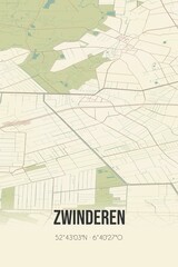 Retro Dutch city map of Zwinderen located in Drenthe. Vintage street map.