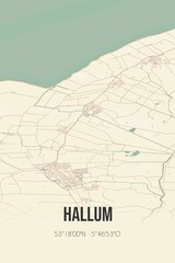 Retro Dutch city map of Hallum located in Fryslan. Vintage street map.